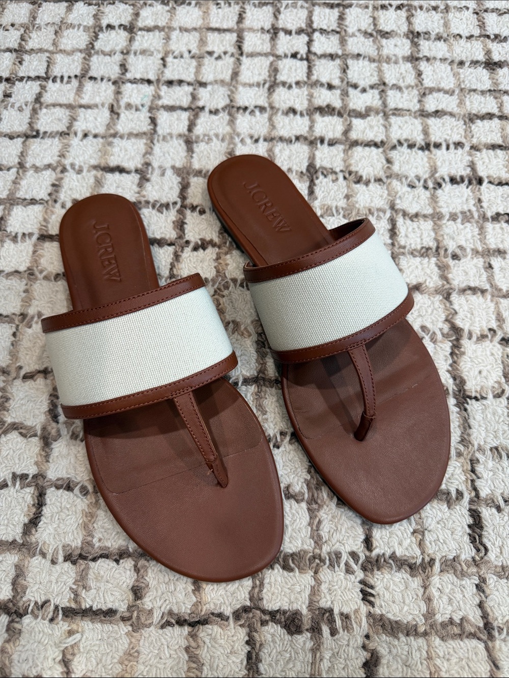 J. Crew Brown Leather and White Canvas Slide Sandals NWOT